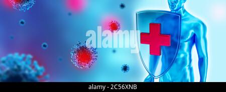 Sistema immunitario dell'uomo, protezione contro virus e batterie. Gli esseri umani si schermano contro il coronavirus. La difesa immunitaria combatte con i virus. Covid-19 Foto Stock