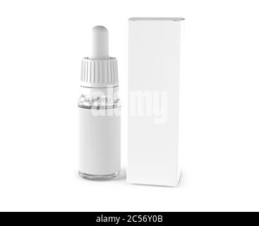 Flacone contagocce in vetro trasparente per la progettazione di prodotti cosmetici. Olio di bellezza siero. Isolato su sfondo bianco. Rendering 3D. Foto Stock