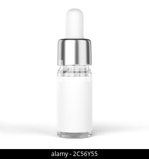 Flacone in vetro trasparente per siero facciale per la simulazione del design dei prodotti cosmetici. Olio di bellezza siero. Isolato su sfondo bianco. Rendering 3D. Foto Stock
