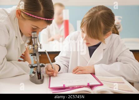 Studenti di ragazze di scuola superiore che conducono esperimenti scientifici Foto Stock