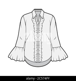 Camicia con voluminoso e fluted illustrazione tecnica della moda con colletto affilato, polsini voluminosi, maniche lunghe, corpo oversize. Modello di abbigliamento piatto, colore grigio anteriore. Donna, uomo unisex indumento CAD mockup Illustrazione Vettoriale