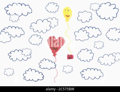 I bambini disegnano palloncini antropomorfi galleggianti nel cielo nuvoloso Foto Stock