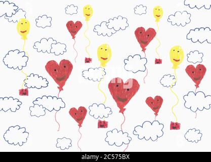 I bambini disegnano un modello di palloncino antropomorfo nel cielo nuvoloso Foto Stock