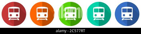 Set di icone ferroviarie, treno, metropolitana, trasporto, pulsanti web di design piatto rosso, blu, verde e arancione isolati su sfondo bianco, illustrazione vettoriale Illustrazione Vettoriale