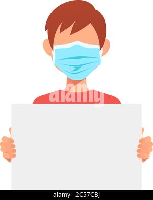 Medico uomo in maschera medica tenendo un manifesto di protesta vuoto. Illustrazione vettoriale isolata su sfondo bianco. Illustrazione Vettoriale