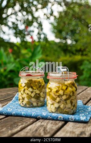 Zucchine, recupero, boiled down, vasetto di muratore Foto Stock