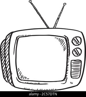 Un poodle bianco e nero del set di televisi retrò. Illustrazione vettoriale del doodle disegnato a mano. Illustrazione Vettoriale