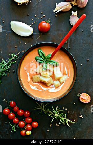 Zuppa di pomodoro Gazpacho fresca con cracker (crostini), erbe fresche, aglio su fondo scuro. Zuppa fredda estiva leggera, cucina spagnola. Cibo vegano, lui Foto Stock