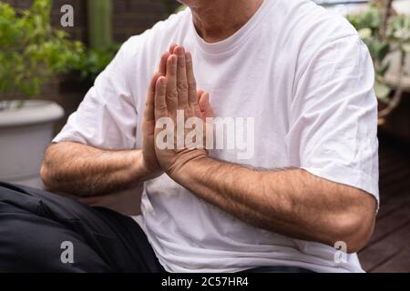 Dettaglio delle mani di un uomo che fa la preghiera al cuore fuori con piante Foto Stock