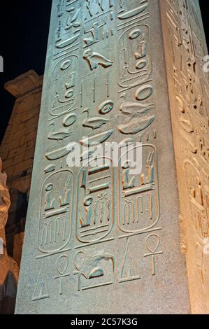 Grande obelisco con sculture geroglifici presso l'antico tempio egiziano di Luxor illuminato durante la notte Foto Stock