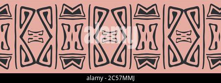 Semplice stile azteco bordo senza cuciture in rosa e nero. Banner etnico o tribale di stile popolare in stile semplice e disegnato a mano. Design geometrico decorativo Illustrazione Vettoriale