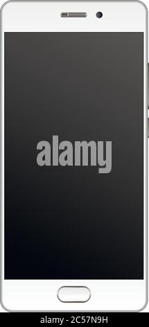 Moderno e realistico mockup smartphone con cornice color argento. Modello di telefono cellulare con immagine vettoriale a schermo vuoto. Dispositivo mobile isolato su bianco Illustrazione Vettoriale