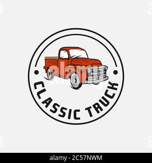 Classic Truck, logo Vintage Farm food. Logo inciso. Illustrazione vettoriale.EPS 10 Illustrazione Vettoriale