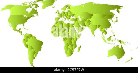 Mappa politica verde del mondo. Ogni stato con un proprio gradiente orizzontale. Illustrazione vettoriale. Illustrazione Vettoriale