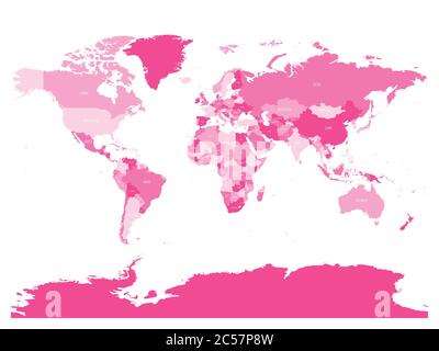 Mappa del mondo in quattro tonalità di rosa su sfondo bianco. Mappa politica dettagliata con nomi di paesi. Illustrazione vettoriale. Illustrazione Vettoriale