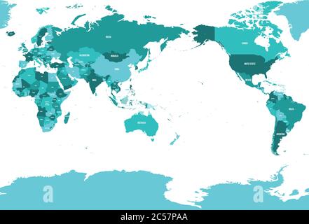 Mappa del mondo in quattro tonalità di blu turchese su sfondo bianco. Mappa politica con dettagli in alto centrata sul Pacifico. Illustrazione vettoriale con percorso composto etichettato di ciascun paese. Illustrazione Vettoriale