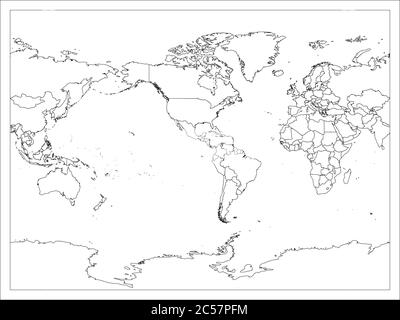 Mappa mondiale confine paese su sfondo bianco. Mappa del mondo centrata in America. Illustrazione vettoriale. Illustrazione Vettoriale