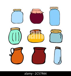 Set di vasetti colorati disegnati a mano. Schizzo del contorno. Cartone animato cucina oggetti stile doodle. Illustrazione vettoriale isolata su sfondo bianco. Illustrazione Vettoriale