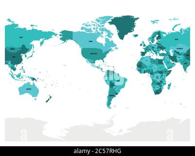 Mappa del mondo in quattro tonalità di blu turchese su sfondo bianco. Mappa politica centrata in America. Illustrazione vettoriale con percorso composto etichettato di ciascun paese. Illustrazione Vettoriale