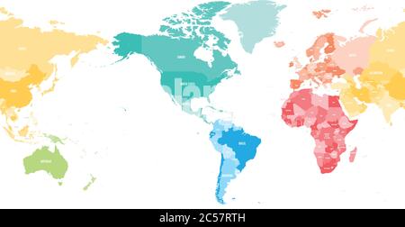 Mappa politica colorata del mondo divisa in sei continenti e focalizzata sulle Americhe. Mappa vettoriale vuota nei colori dello spettro arcobaleno. Illustrazione Vettoriale