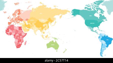 Mappa politica colorata del mondo divisa in sei continenti e focalizzata sulla regione Asia, Australia e Oceania. Mappa vettoriale vuota nei colori dello spettro arcobaleno. Illustrazione Vettoriale