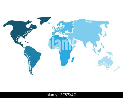 Mappa mondiale multicolore divisa in sei continenti in diversi colori: Nord America, Sud America, Africa, Europa, Asia e Australia Oceania. Mappa vettoriale vuota con silhouette semplificata con etichette. Illustrazione Vettoriale