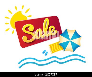 Adesivo estate sale ombrellone e onde. Offerta icona promozione. Etichette di sconto. Banner colorati. Banner vettoriale in stile moderno e piatto su bianco. Illustrazione Vettoriale