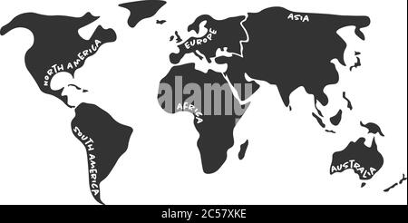 Mappa mondiale divisa in sei continenti in grigio scuro - Nord America, Sud America, Africa, Europa, Asia e Australia Oceania. Mappa vettoriale di silhouette semplificata con etichette dei nomi dei continenti curve da bordi. Illustrazione Vettoriale