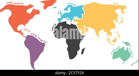 Mappa mondiale multicolore divisa in sei continenti in diversi colori: Nord America, Sud America, Africa, Europa, Asia e Australia Oceania. Mappa vettoriale di silhouette semplificata con etichette dei nomi dei continenti curve da bordi. Illustrazione Vettoriale