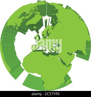 Modello globo terrestre con terre estruse verdi. Focalizzato sull'Europa. Illustrazione vettoriale 3D. Illustrazione Vettoriale