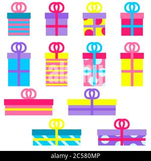 Regali o presenta scatole isolate su bianco. Set di icone colorate e confezionate per la confezione regalo. Vendita o concetto di shopping. Collezione per compleanno, Natale, nuovo Illustrazione Vettoriale