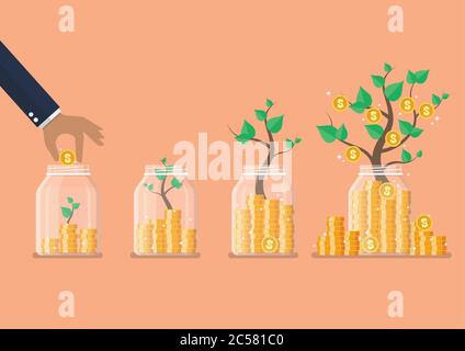 Passo di risparmio di mano monete in vasi di vetro con alberi di denaro. Stile piatto. Illustrazione vettoriale Illustrazione Vettoriale