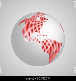 Pianeta vettoriale globo terrestre con mappa rossa quadrata del continente americano. Illustrazione 3D con sfondo ombreggiato e sfumato. Illustrazione Vettoriale