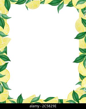 cornice con succose fette di limone e foglie verdi, frutta acquerello illustrazione, tropicale limone frutta frutta cornice design e spazio copia Foto Stock