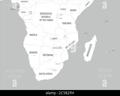 Mappa del Sud Africa - terre bianche e acque grigie. Mappa politica dettagliata della regione dell'africa meridionale con l'etichettatura dei nomi di paesi, capitali, oceani e mari. Illustrazione Vettoriale