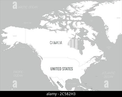 Mappa del Nord America - terre bianche e acque grigie. Mappa politica dettagliata del continente nordamericano con l'etichettatura dei nomi di paese, capitale, oceano e mare. Illustrazione Vettoriale