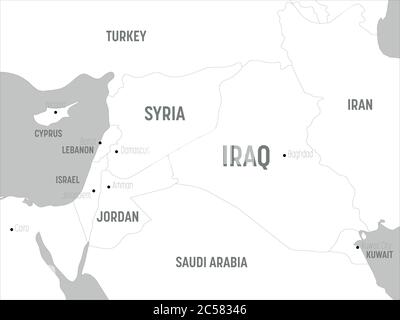Mappa del Medio Oriente - terre bianche e acque grigie. Mappa politica dettagliata del Medio Oriente e della regione della Penisola arabica con l'etichettatura dei nomi di paesi, capitali, oceani e mari. Illustrazione Vettoriale