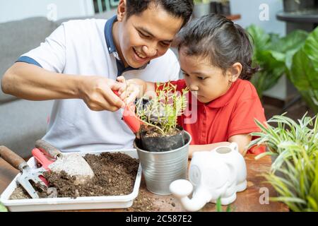 padre e le sue figlie stanno piantando piante in vaso mentre a casa Foto Stock