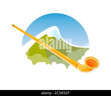 Alphorn sulle montagne alpine - Vector Banner per il festival di musica folcloristica nelle Alpi. Illustrazione di Alpenhorn, strumento musicale nazionale svizzero sul backg Illustrazione Vettoriale