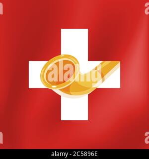 Alphorn sulla bandiera svizzera, illustrazione vettoriale di Alpino tradizionale strumento musicale in legno su logo o banner per il Festival del Folklore. Etichetta stile con A. Illustrazione Vettoriale