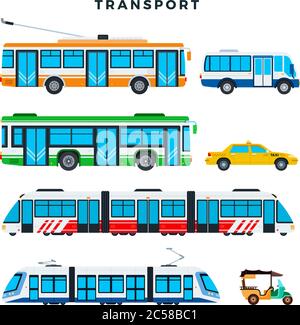 Raccolta di mezzi pubblici. Trasporto cittadino municipale, icone vettoriali. Immagine in stile piatto. Illustrazione Vettoriale