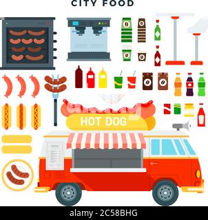 Carrello hot dog. Mini van fast food e set di vari piatti e bevande di strada. Illustrazione vettoriale in stile piatto. Illustrazione Vettoriale