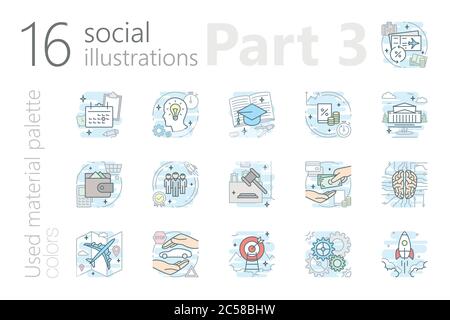 16 illustrazioni social per applicazioni mobili e web e altro Illustrazione Vettoriale