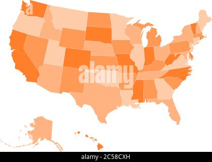 Mappa vuota degli stati Uniti d'America. Illustrazione vettoriale in tonalità arancioni su sfondo bianco. Illustrazione Vettoriale