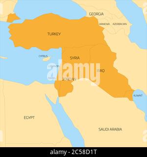 Mappa della regione transcontinentale del Medio Oriente o del Vicino Oriente con l'evidenziazione arancione di Turchia, Siria, Iraq, Giordania, Libano e Israele. Mappa piatta con terra gialla, sottili bordi neri e mare blu. Illustrazione Vettoriale