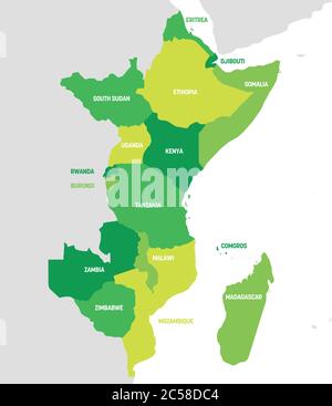 Regione Africa orientale. Mappa dei paesi dell'Africa orientale. Illustrazione vettoriale. Illustrazione Vettoriale