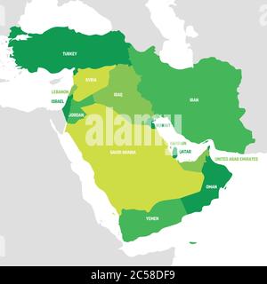 Regione Asia occidentale. Mappa dei paesi dell'Asia occidentale o del Medio Oriente. Illustrazione vettoriale. Illustrazione Vettoriale