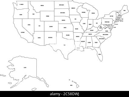Mappa politica degli Stati Uniti d'America, USA. Semplice mappa vettoriale a contorno nero piatto con etichette nere su sfondo bianco. Illustrazione Vettoriale