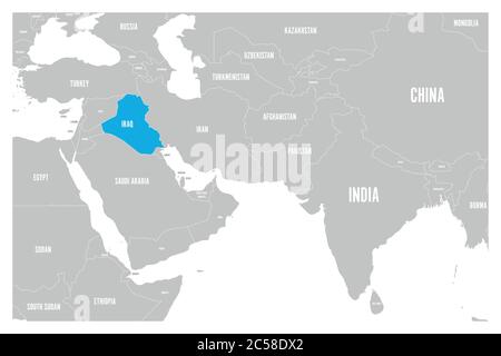 Iraq segnato blu nella mappa politica del Sud Asia e del Medio Oriente. Semplice mappa vettoriale piatta. Illustrazione Vettoriale