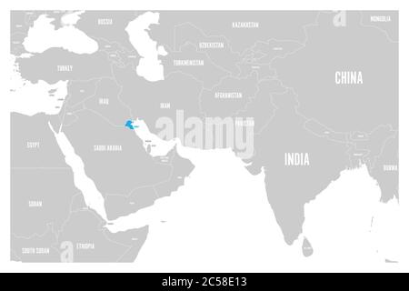 Kuwait blu segnato nella mappa politica del Sud Asia e Medio Oriente. Semplice mappa vettoriale piatta. Illustrazione Vettoriale